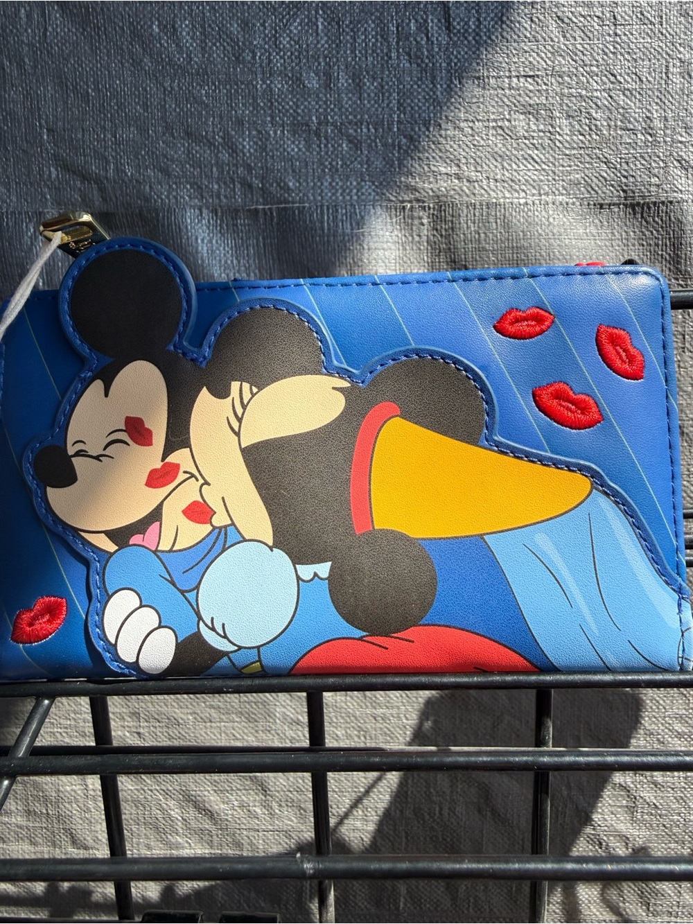 Disney Blue Mickey & Minnie Kiss Zip Wallet with Red Lip Embroidery